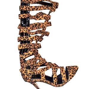 Women Fashion Apricot Leopard Print Hollow Knee High Boots, Stiletto Heel